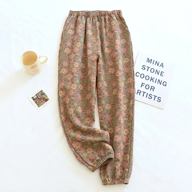 2024 New Spring Summer Women's Pajamas | 100% Cotton Crepe Pants | Comfortable Loose Large Leaf Home Pants | Thin Bottoms ShopOnlyDeal