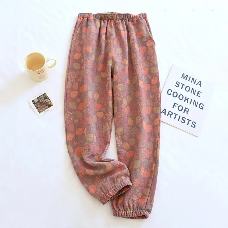 2024 New Spring Summer Women's Pajamas | 100% Cotton Crepe Pants | Comfortable Loose Large Leaf Home Pants | Thin Bottoms ShopOnlyDeal