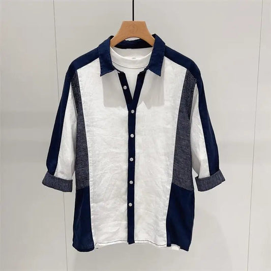 2024 New Summer Korean Men's Fashion Trend | Versatile Loose Casual Lapel Contrasting Cotton and Linen Medium Sleeved Shirt for Men ShopOnlyDeal