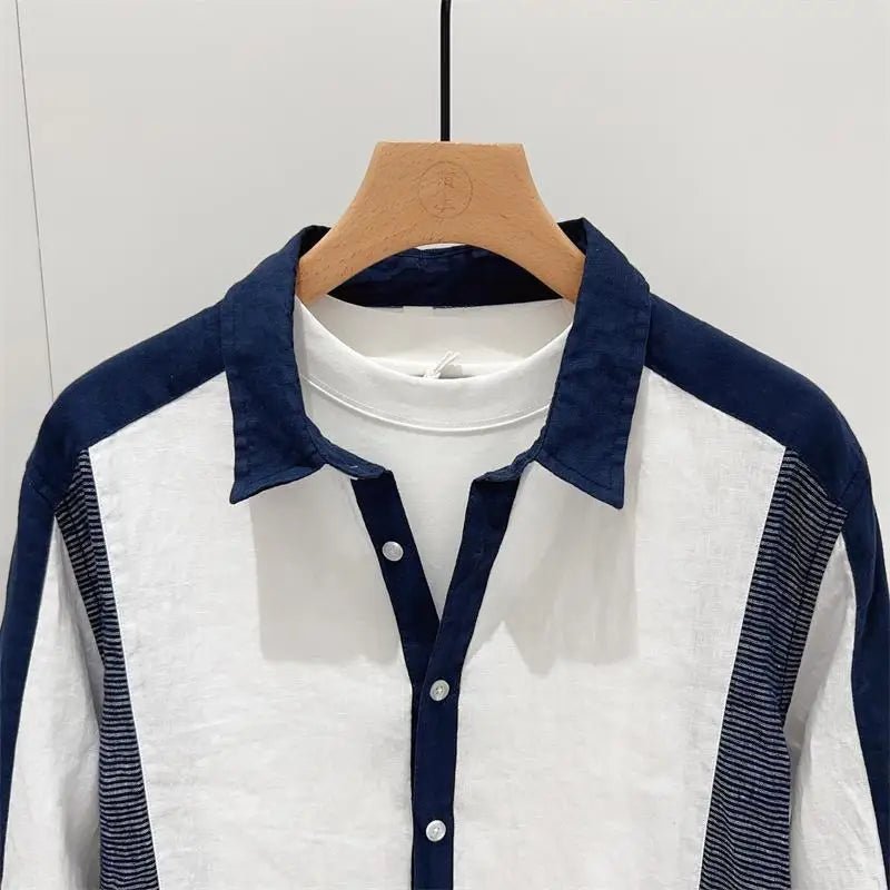 2024 New Summer Korean Men's Fashion Trend | Versatile Loose Casual Lapel Contrasting Cotton and Linen Medium Sleeved Shirt for Men ShopOnlyDeal