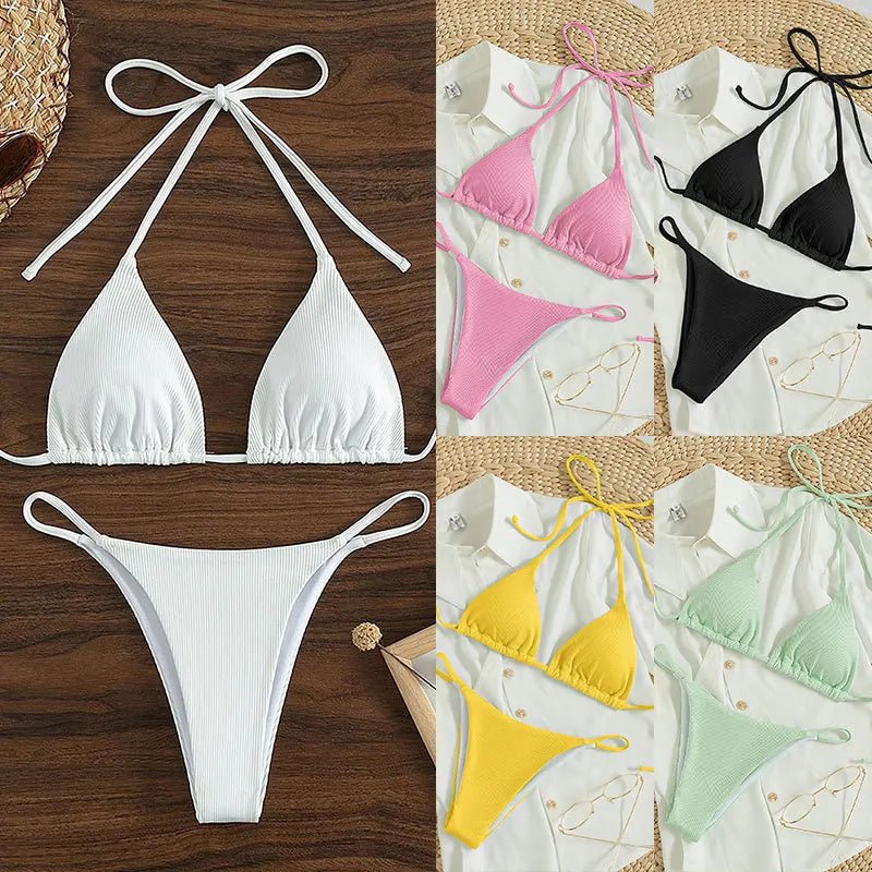 2024 Special Pit Stripe Fabric Bikini Set | Women's Sexy Simple Solid Halter Bikini Swimsuit | High Waisted Lace-Up Beach Bathing Suit ShopOnlyDeal