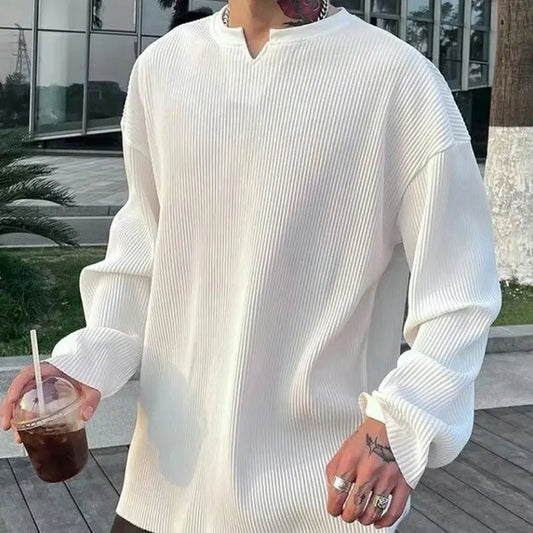 2024 Spring White V-Neck Pleated Stripe T-Shirt | Men's Large Size | Silky Soft Long Sleeved T-Shirt | Summer Loose Bottomed Shirt ShopOnlyDeal