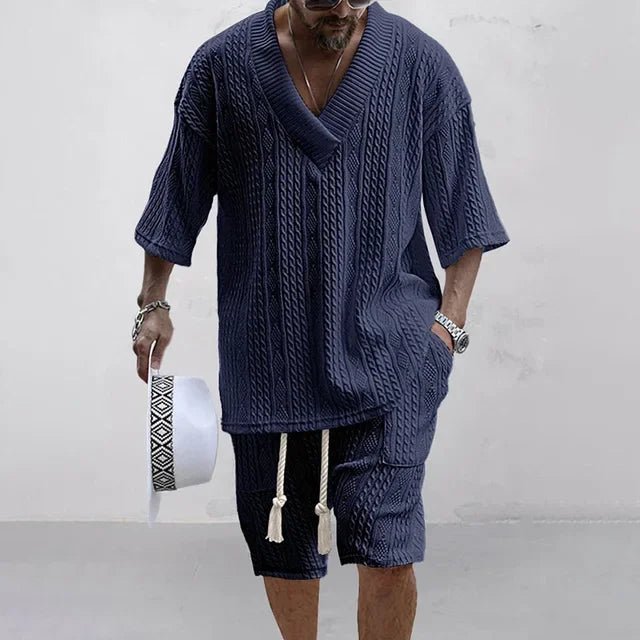 2024 Summer Casual Shorts Set | Knitted Two-Piece Men's Clothing | V-Neck Short Sleeve T-shirt and Shorts | Streetwear Knit Outfits ShopOnlyDeal