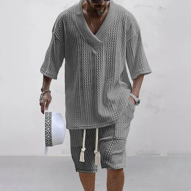 2024 Summer Casual Shorts Set | Knitted Two-Piece Men's Clothing | V-Neck Short Sleeve T-shirt and Shorts | Streetwear Knit Outfits ShopOnlyDeal