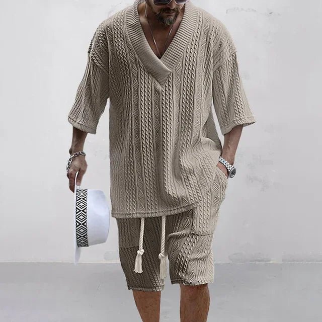 2024 Summer Casual Shorts Set | Knitted Two-Piece Men's Clothing | V-Neck Short Sleeve T-shirt and Shorts | Streetwear Knit Outfits ShopOnlyDeal