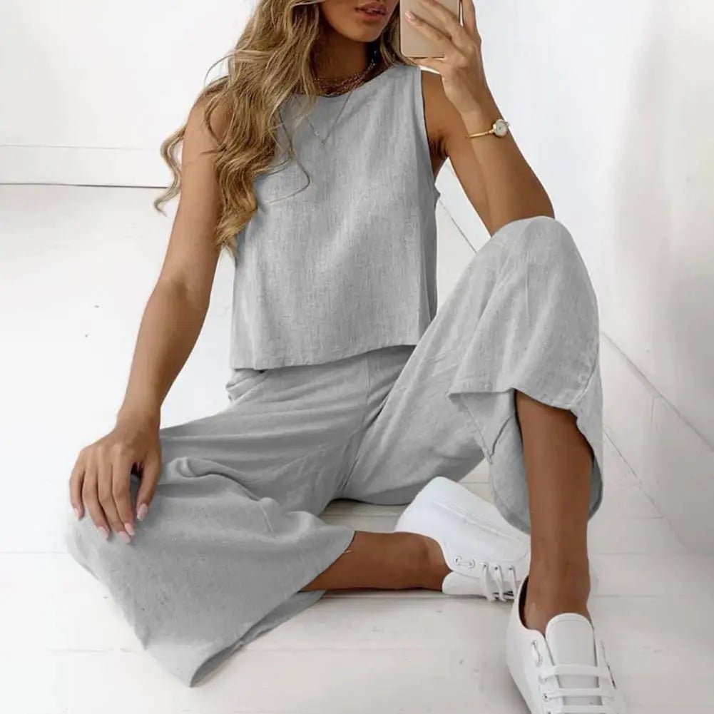 2024 Summer Two Piece Sets Women | Sleeveless O-Neck Tank Top Wide Leg Pants Suits | Female Casual Cotton Linen Solid Color Outfits Classic Outfit Store