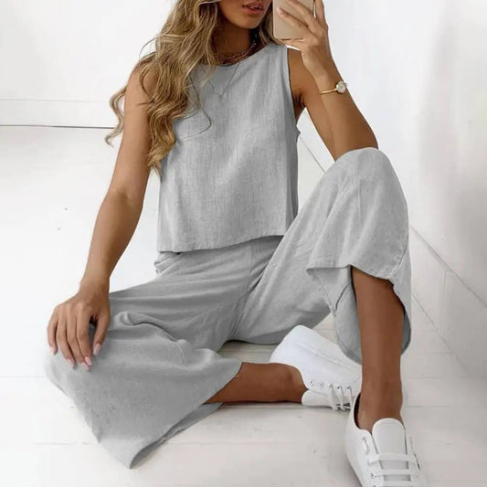 2024 Summer Two Piece Sets Women | Sleeveless O-Neck Tank Top Wide Leg Pants Suits | Female Casual Cotton Linen Solid Color Outfits Classic Outfit Store