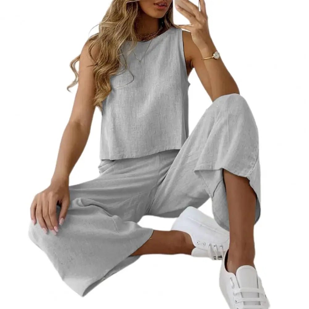 2024 Summer Two Piece Sets Women | Sleeveless O-Neck Tank Top Wide Leg Pants Suits | Female Casual Cotton Linen Solid Color Outfits Classic Outfit Store