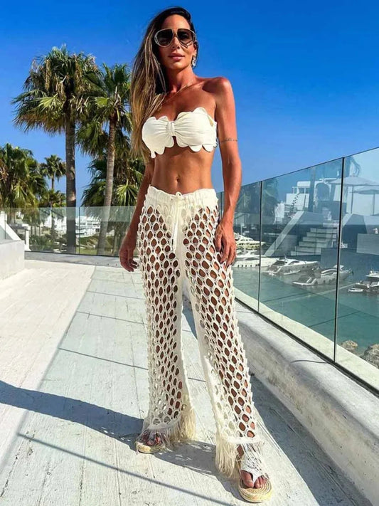 2024 Summer Women's Sexy Three-Piece Bikini Set | White Tube Top with Hole Pants Suit | Solid Beachwear ShopOnlyDeal