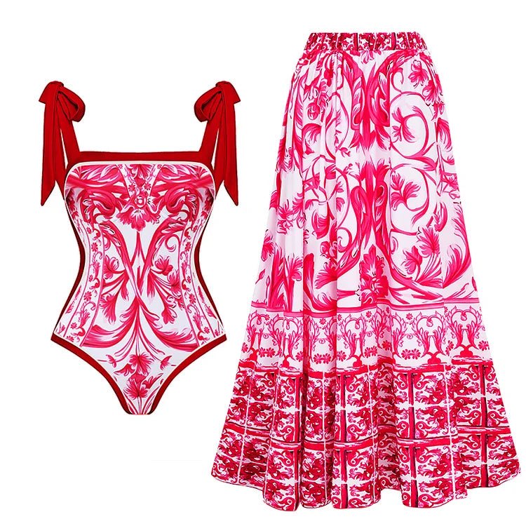 2024 Women Swimwear 2PC Cover-up Swimsuit Ruffle Solid Printed Deep V One-piece Monokini Kimono Bikini Suit Summer Beachwear ShopOnlyDeal