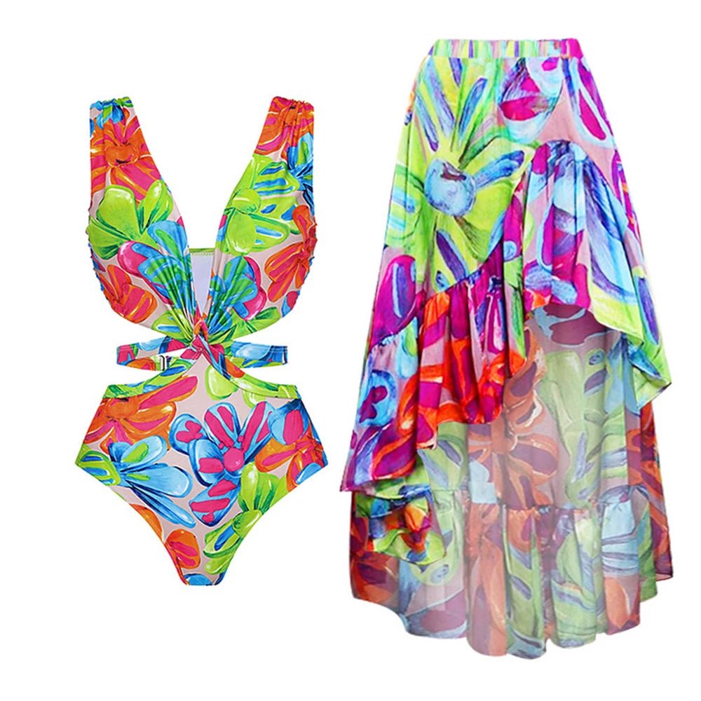 2024 Women Swimwear 2PC Cover-up Swimsuit Ruffle Solid Printed Deep V One-piece Monokini Kimono Bikini Suit Summer Beachwear ShopOnlyDeal