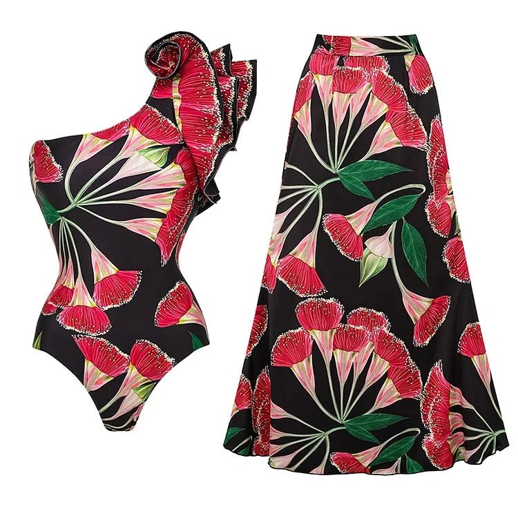 2024 Women Swimwear 2PC Cover-up Swimsuit Ruffle Solid Printed Deep V One-piece Monokini Kimono Bikini Suit Summer Beachwear ShopOnlyDeal