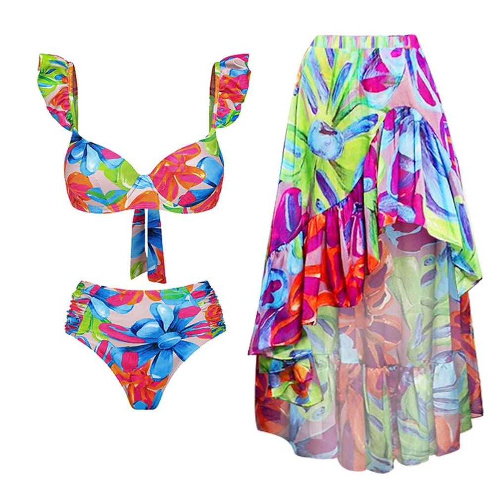 2024 Women Swimwear 2PC Cover-up Swimsuit Ruffle Solid Printed Deep V One-piece Monokini Kimono Bikini Suit Summer Beachwear ShopOnlyDeal