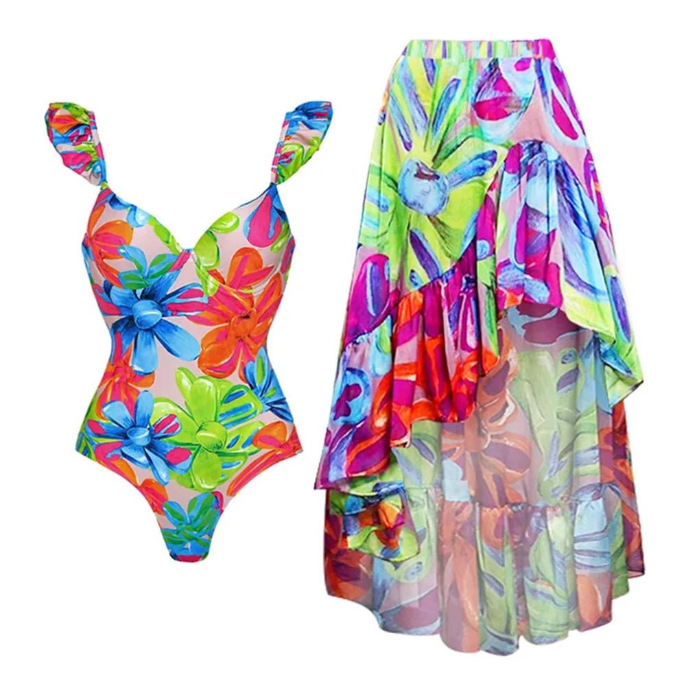 2024 Women Swimwear 2PC Cover-up Swimsuit Ruffle Solid Printed Deep V One-piece Monokini Kimono Bikini Suit Summer Beachwear ShopOnlyDeal