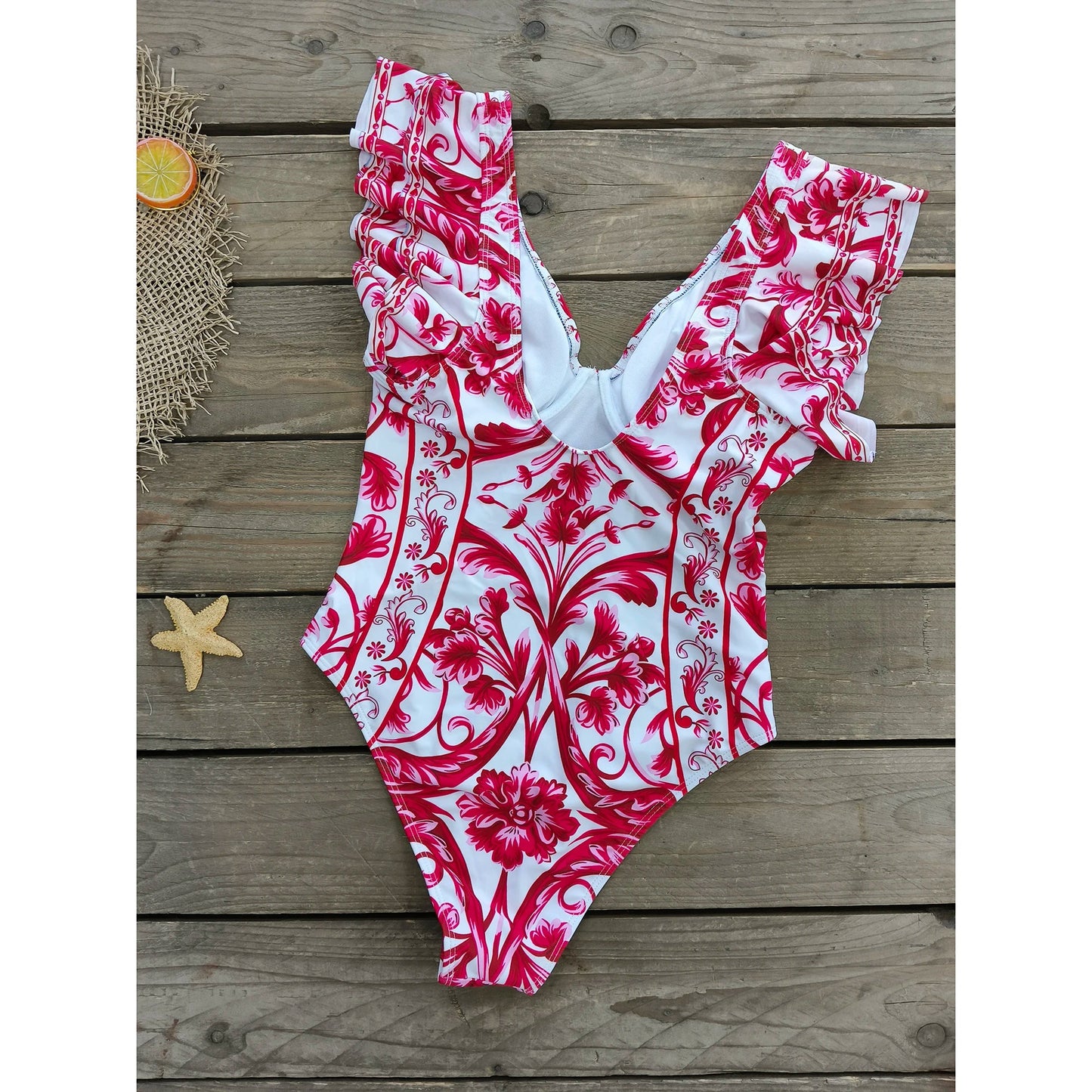 2024 Women Swimwear 2PC Cover-up Swimsuit Ruffle Solid Printed Deep V One-piece Monokini Kimono Bikini Suit Summer Beachwear ShopOnlyDeal