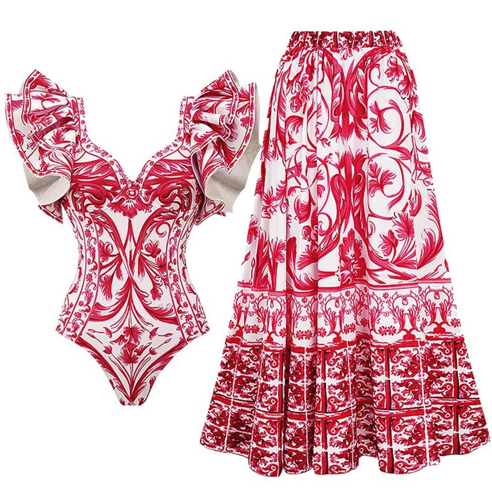 2024 Women Swimwear 2PC Cover-up Swimsuit Ruffle Solid Printed Deep V One-piece Monokini Kimono Bikini Suit Summer Beachwear ShopOnlyDeal