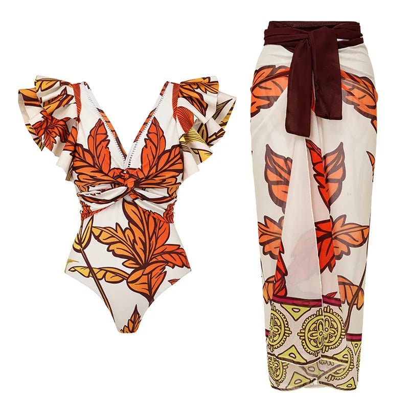 2024 Women Swimwear 2PC Cover-up Swimsuit Ruffle Solid Printed Deep V One-piece Monokini Kimono Bikini Suit Summer Beachwear ShopOnlyDeal