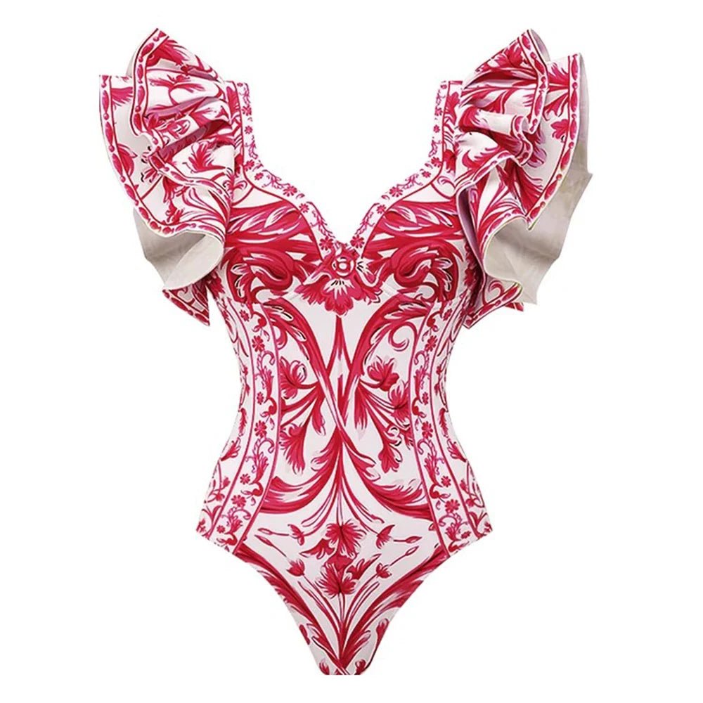 2024 Women Swimwear 2PC Cover-up Swimsuit Ruffle Solid Printed Deep V One-piece Monokini Kimono Bikini Suit Summer Beachwear ShopOnlyDeal