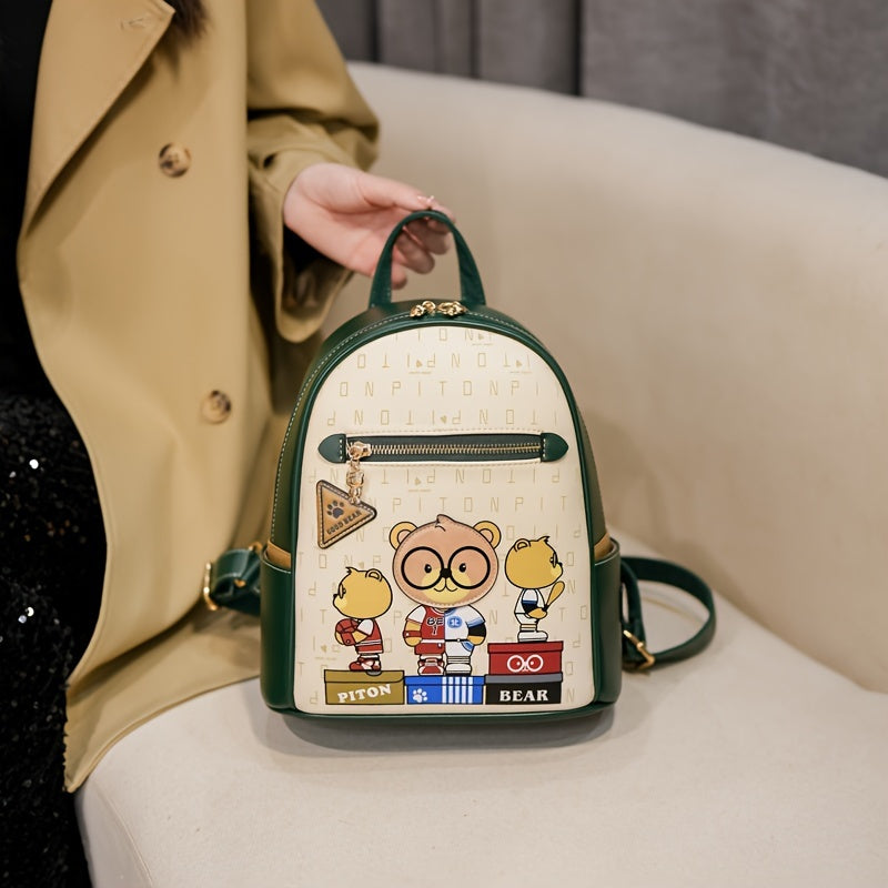 Cartoon Bear Pattern Backpack, Fashion Small Daypack, Cute PU Leather Schoolbag ShopOnlyDeal