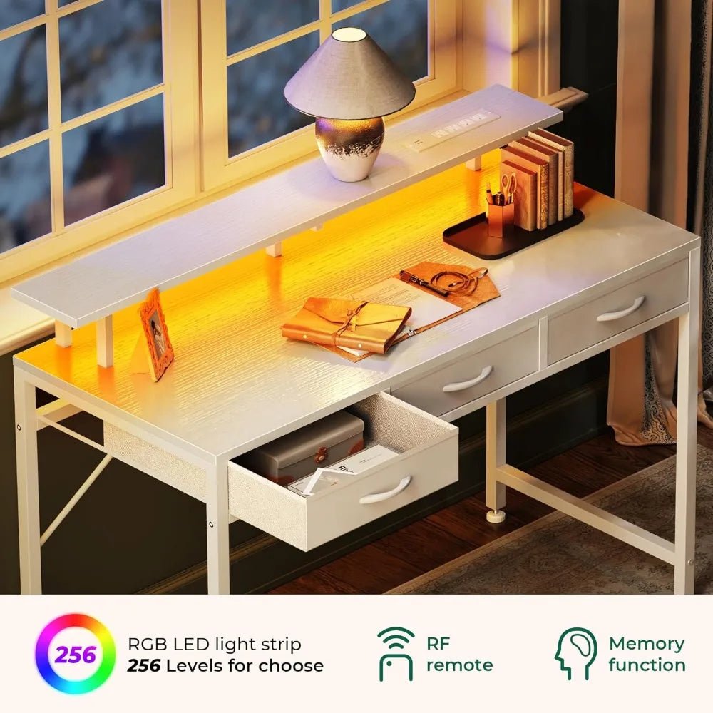 "47-Inch Office Desk with 3 Drawers, LED Lights, and Power Outlets - Ideal for Work from Home and Gaming - White ShopOnlyDeal