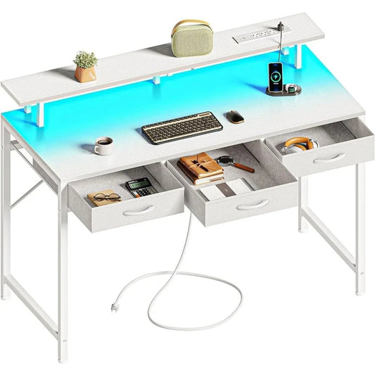 "47-Inch Office Desk with 3 Drawers, LED Lights, and Power Outlets - Ideal for Work from Home and Gaming - White ShopOnlyDeal