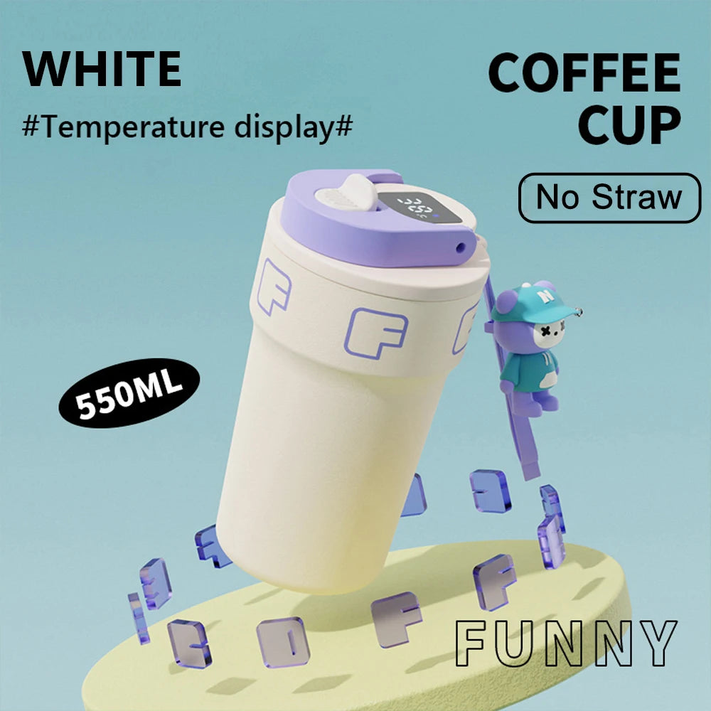 550ml Creative Coffee Cup With Doll Temperature Display Thermal Mug With Straw Stainless Steel Thermos Bottle Coffee Mug Tumbler ShopOnlyDeal