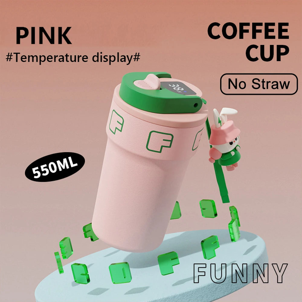 550ml Creative Coffee Cup With Doll Temperature Display Thermal Mug With Straw Stainless Steel Thermos Bottle Coffee Mug Tumbler ShopOnlyDeal