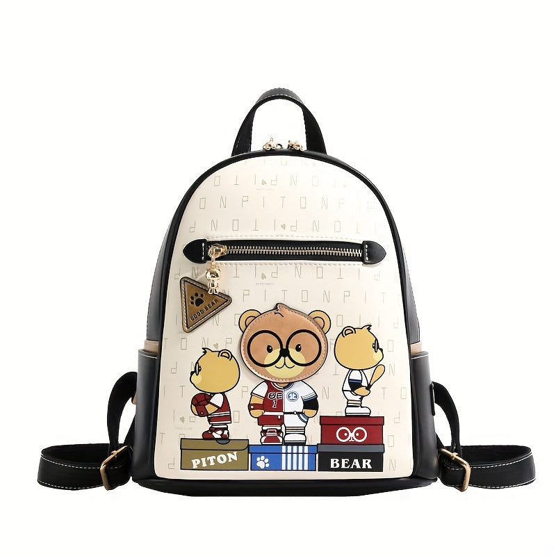 Cartoon Bear Pattern Backpack, Fashion Small Daypack, Cute PU Leather Schoolbag ShopOnlyDeal