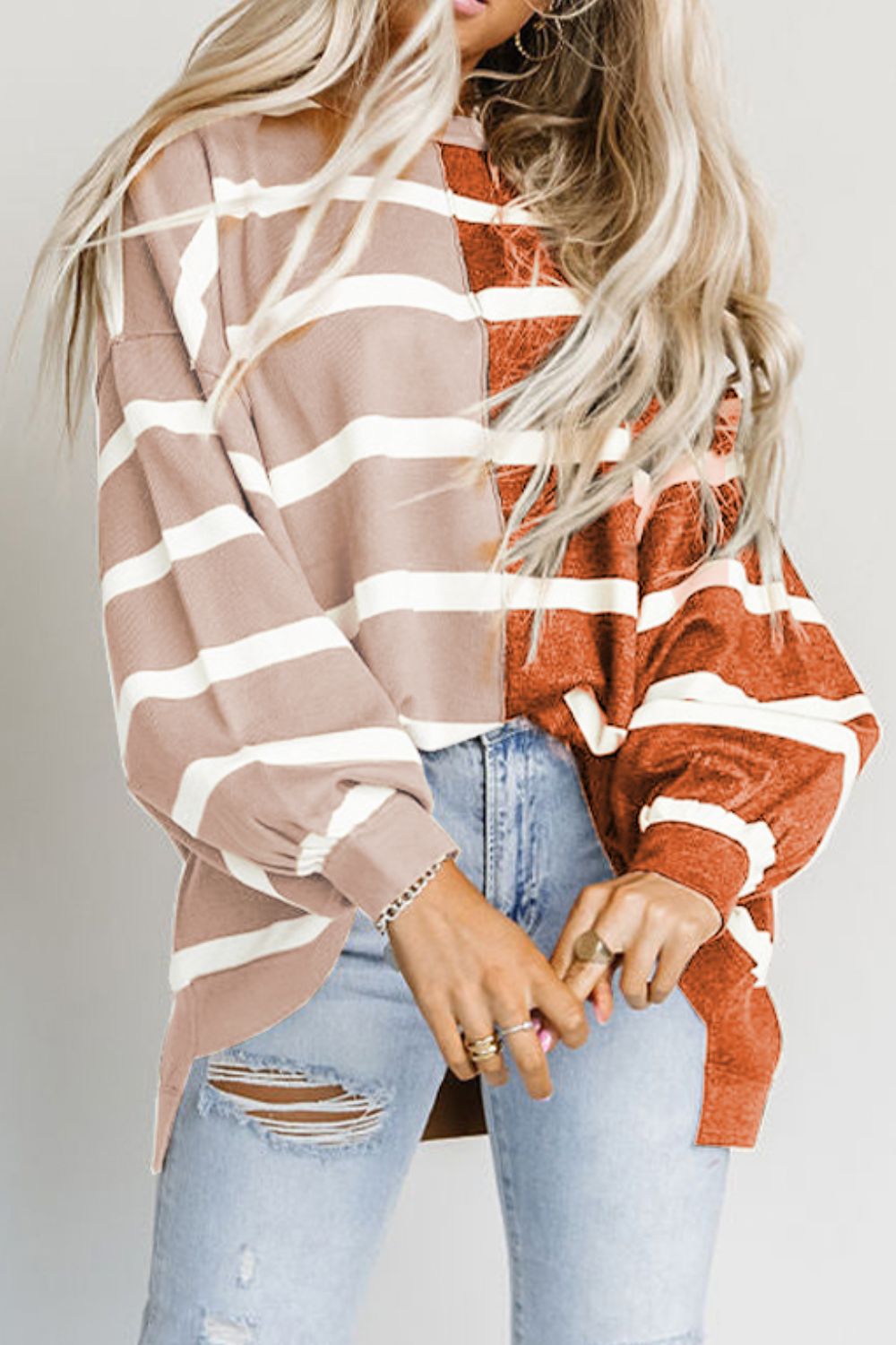 Striped Dropped Shoulder Round Neck Blouse ShopOnlyDeal