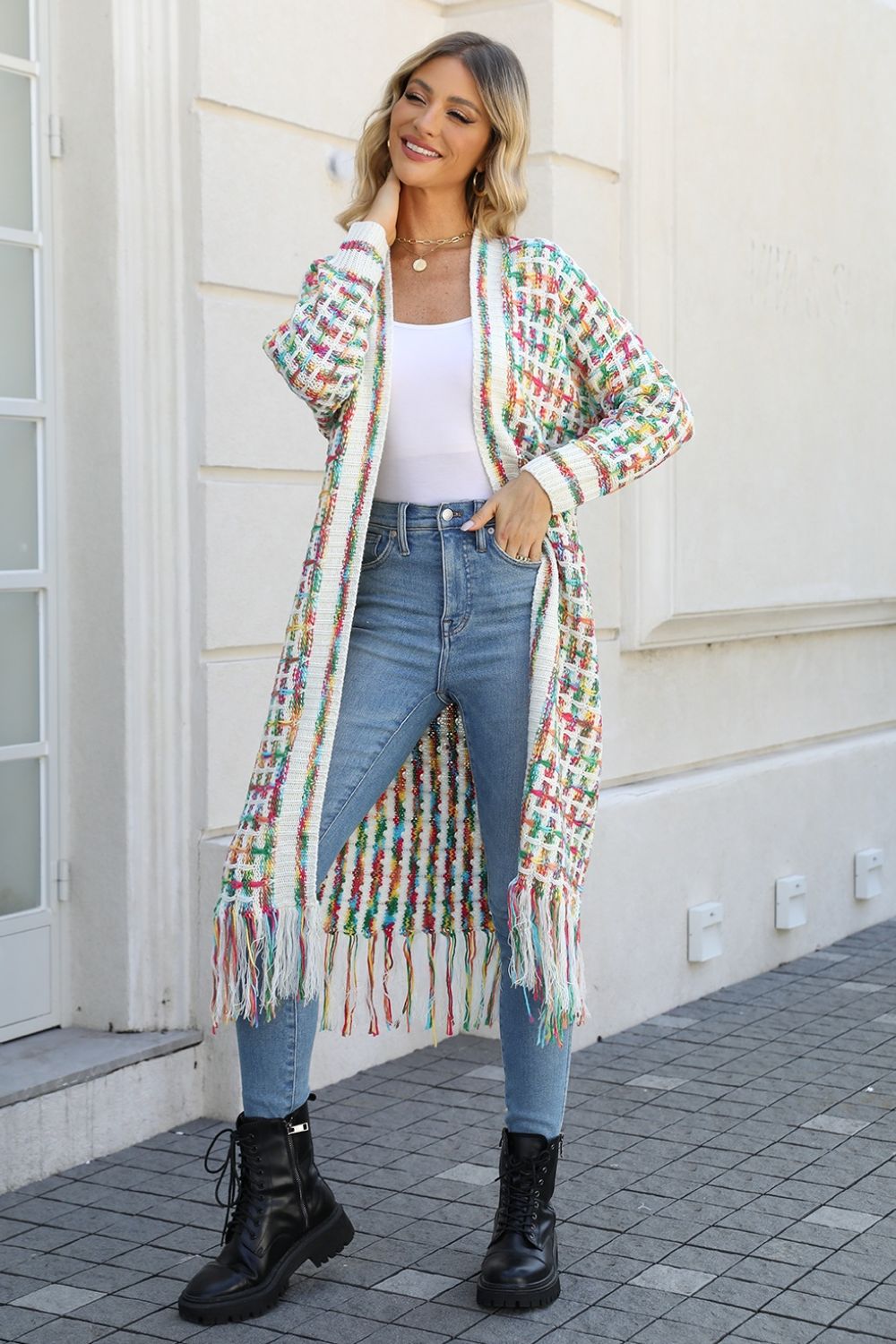 Multicolored Open Front Fringe Hem Cardigan ShopOnlyDeal