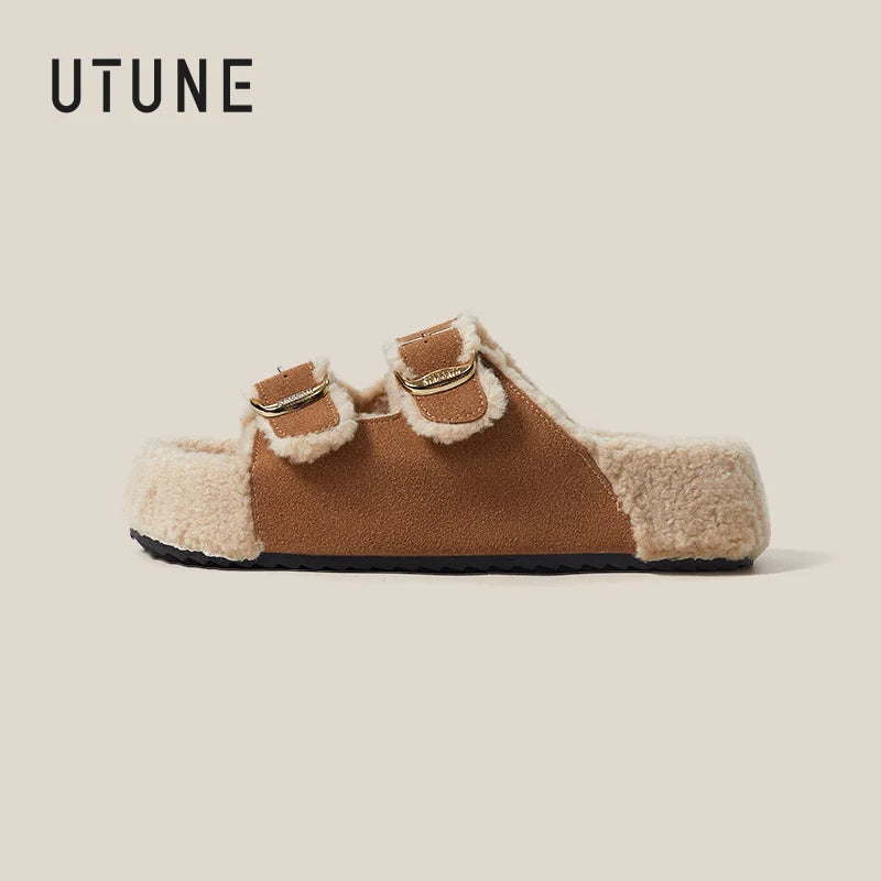 UTUNE Winter Faux Shearling Double-Buckle Slippers Soft Non-Slip Cotton Shoes for Women Stylish Plush Design for Ultimate Comfor ShopOnlyDeal