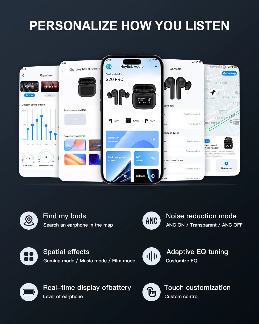 Beatfade S20 Pro Touch Screen ANC Wireless Earphones TWS Noise Cancelling Earbud Bluetoth 5.3 Support APP Long Battery life HiFi ShopOnlyDeal