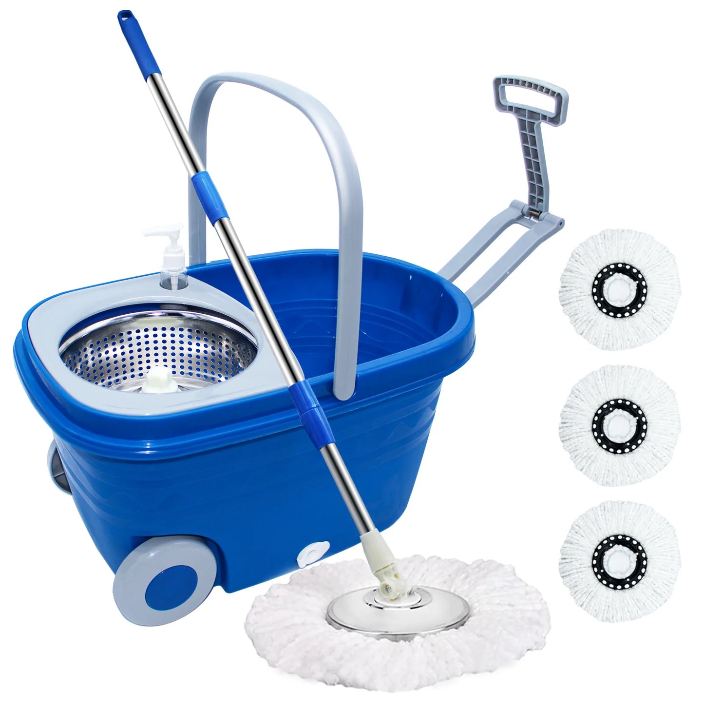 360° Spin Mop Bucket with Wringer Set Wheels Floor Cleaning Mop Blue 3 Mop Heads ShopOnlyDeal