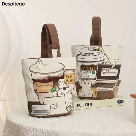 Cartoon Canvas Coffee Cat Bucket Bag Korean Style Handbag Outing Shopping Bag Women Sweet Cute Handbag ShopOnlyDeal