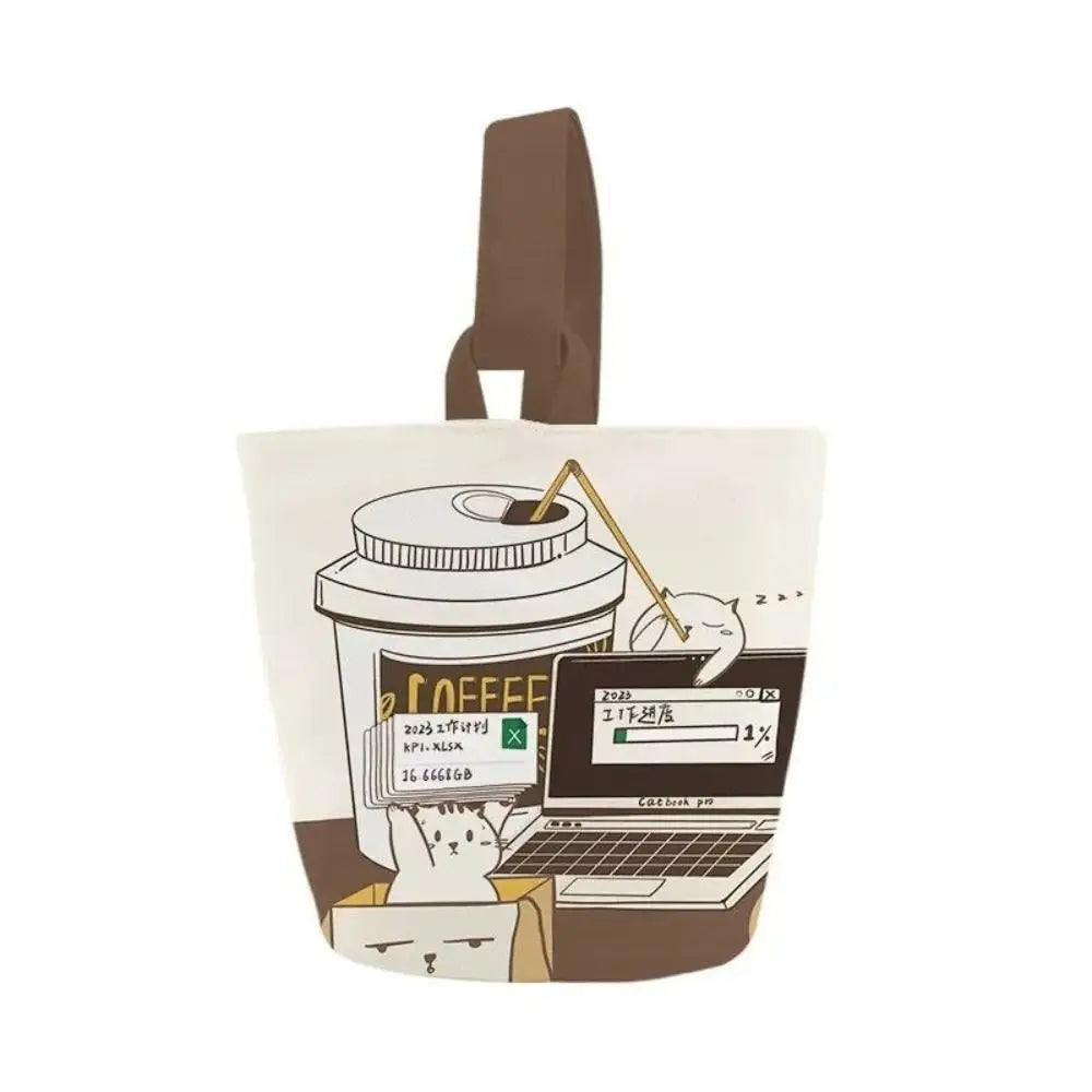 Cartoon Canvas Coffee Cat Bucket Bag | Korean Style Handbag | Outing Shopping Bag | Women Sweet Cute Handbag ShopOnlyDeal