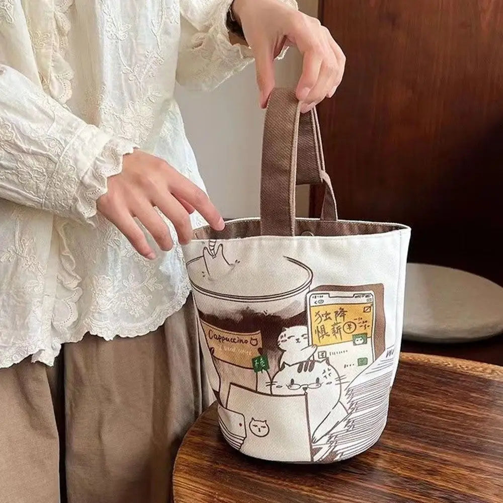 Cartoon Canvas Coffee Cat Bucket Bag | Korean Style Handbag | Outing Shopping Bag | Women Sweet Cute Handbag ShopOnlyDeal