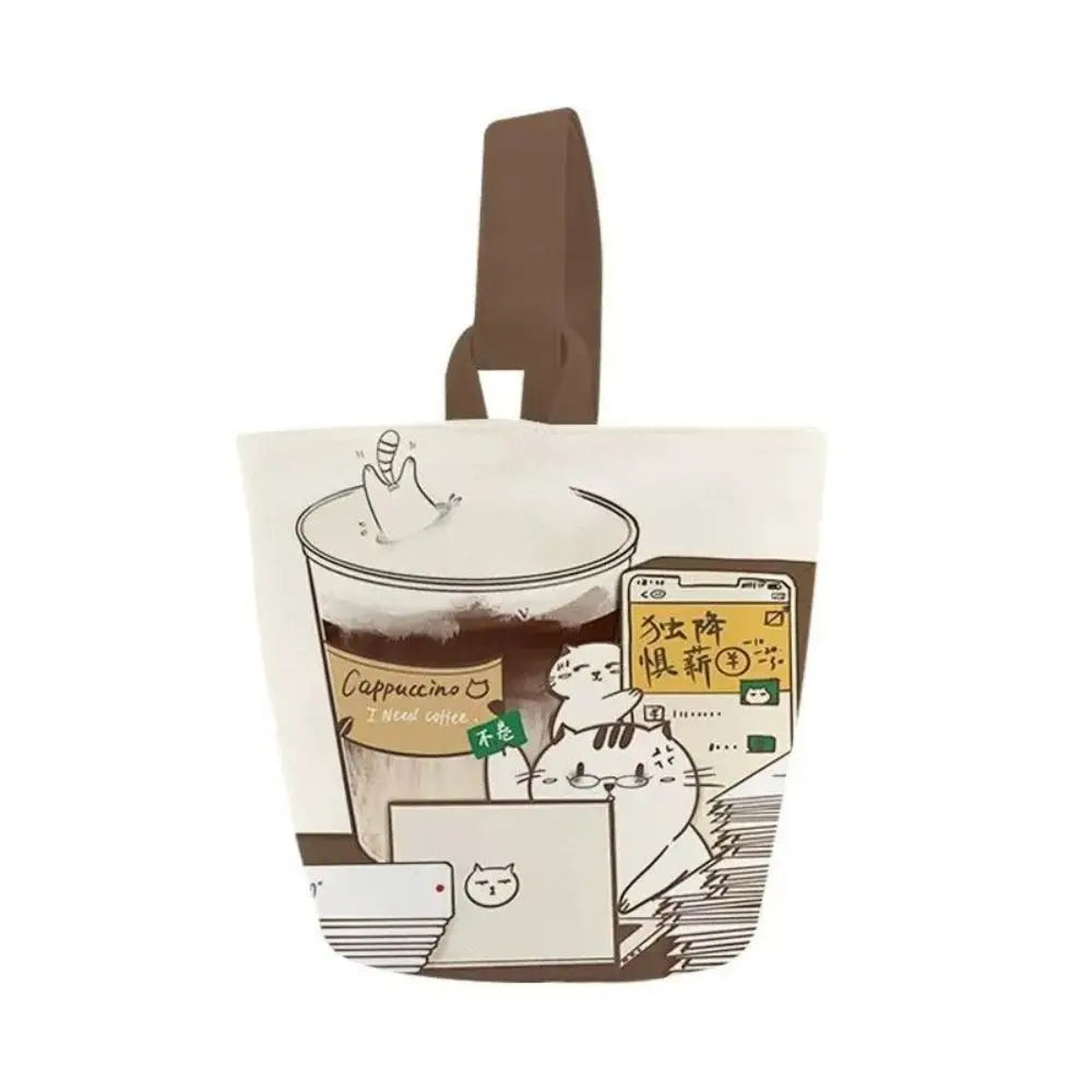 Cartoon Canvas Coffee Cat Bucket Bag | Korean Style Handbag | Outing Shopping Bag | Women Sweet Cute Handbag ShopOnlyDeal