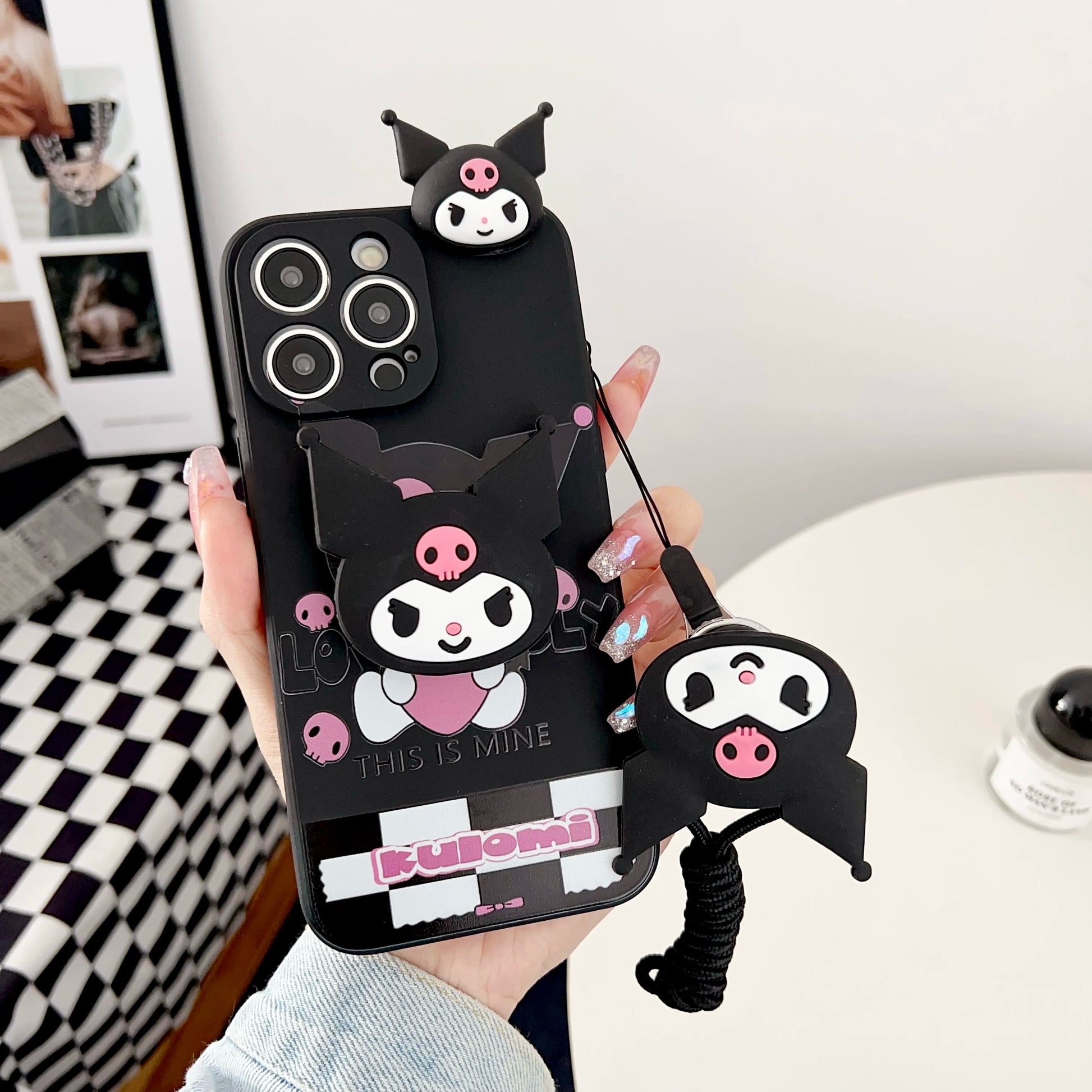 Cute Kuromi Case with Holder Rope | For iPhone 6, 6s, 7, 8, X, XS Max, XR, 11, 12, 13, 14, 15 Pro SE Max ShopOnlyDeal