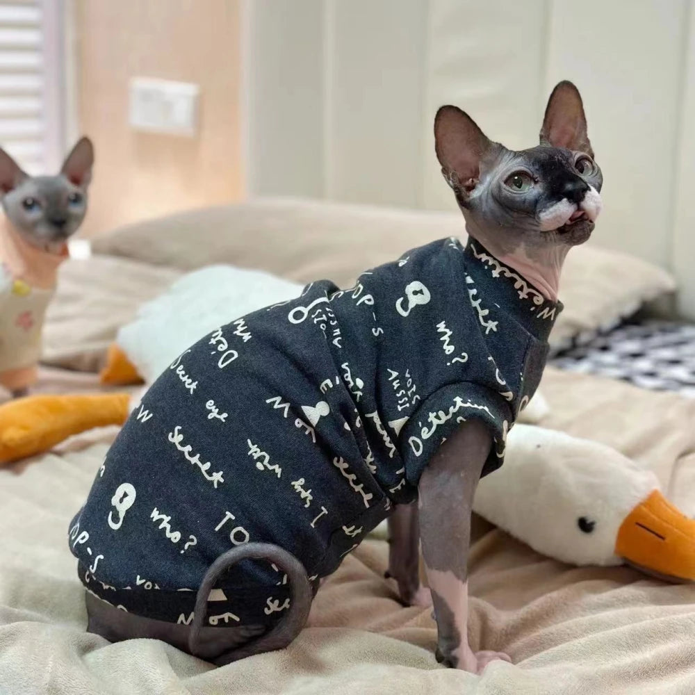 Fashion Cotton Vest for Sphynx Cat | Grey Shirt Short Sleeves | Soft Coat for Devon Rex | Spring Summer Costume for Kittens ShopOnlyDeal