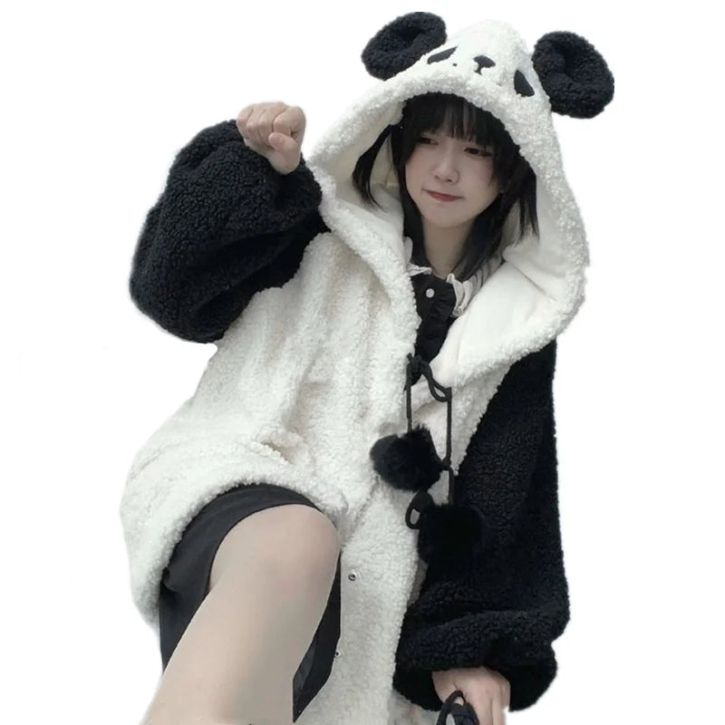 Winter Kawaii Hoodies Women Panda Ears Hooded Sweatshirt Plush Balls Zip-up Loose Cute Sudadera Teenager School Girls JK Clothes ShopOnlyDeal