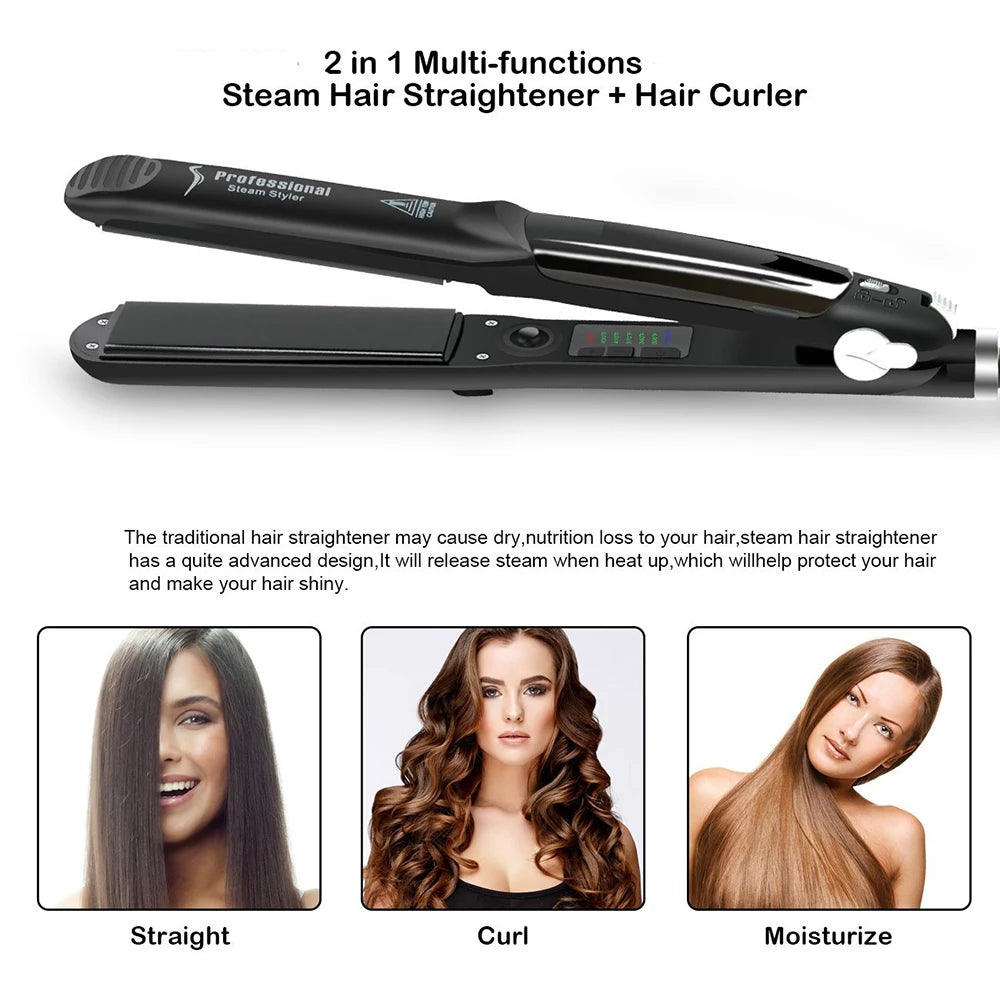 2 in 1 Steam Hair Straightener Professional Hair Iron Adjustable Temperature Fast Heating Hair Straightening Hair Curling Iron ShopOnlyDeal