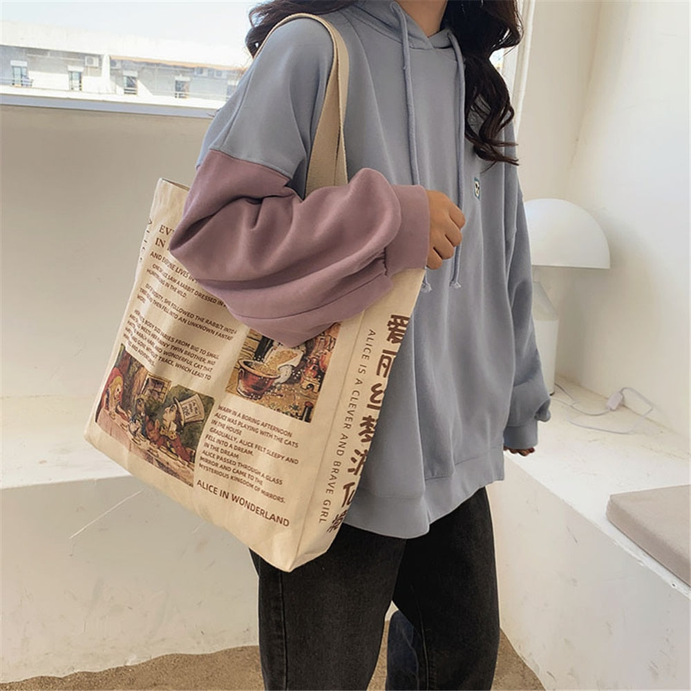 Women Canvas Shoulder Bag Alice In Wonderland Shopping Bags Students Book Bag Cotton Cloth Handbags Tote Bags for Girls Bolsos ShopOnlyDeal