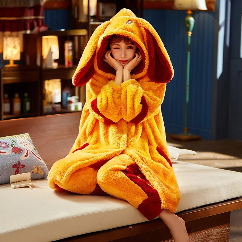 Cartoon Hooded Robes Women's Winter Nightgowns Thick Warm Bathrobe Female Coral Fleece Kimono Sleepwear Coats Dressing Gown 2XL ShopOnlyDeal