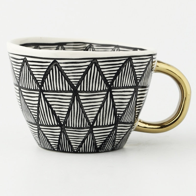 Hand Painted Geometric Ceramic Mugs With Gold Handle Handmade Irregular Cups For Coffee Tea Milk Oatmeal Creative Birthday Gifts ShopOnlyDeal