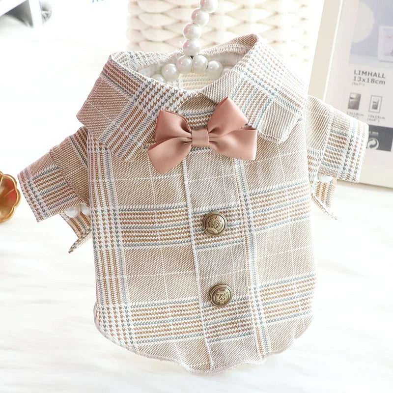 Cute Plaid Summer Clothes for Dogs, Fresh Khaki Suit, Dog Shirts, Snap Button Decor Dresses for Dogs, Bowknot ShopOnlyDeal