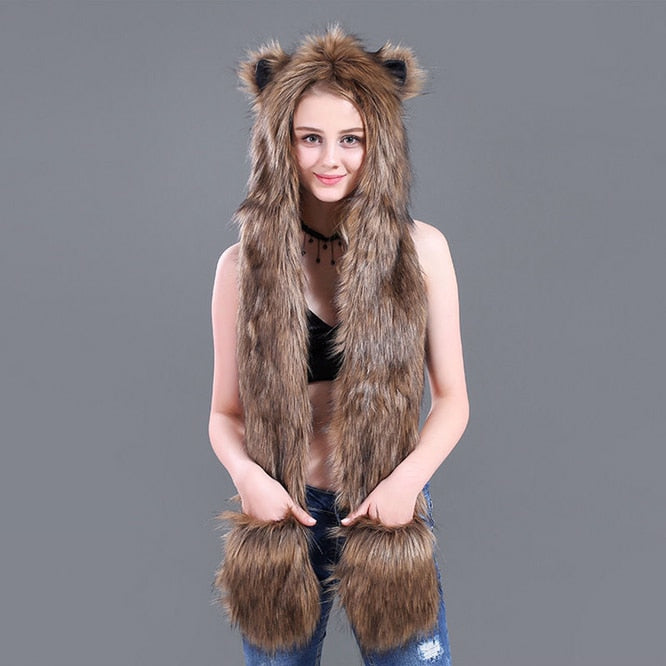 Men/Women Faux Fur Hood Animal Hat Ear Flaps Gloves 3in1 Animal Fur Hat Wolf Plush Warm Imitation Fur Hats Cap with Scarf Gloves ShopOnlyDeal