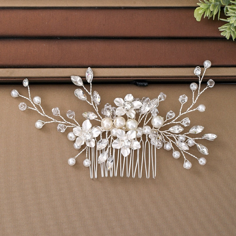 Silver Color Pearl Crystal Wedding Hair Combs Hair Accessories for Bridal Flower Headpiece Women Bride Hair ornaments Jewelry ShopOnlyDeal