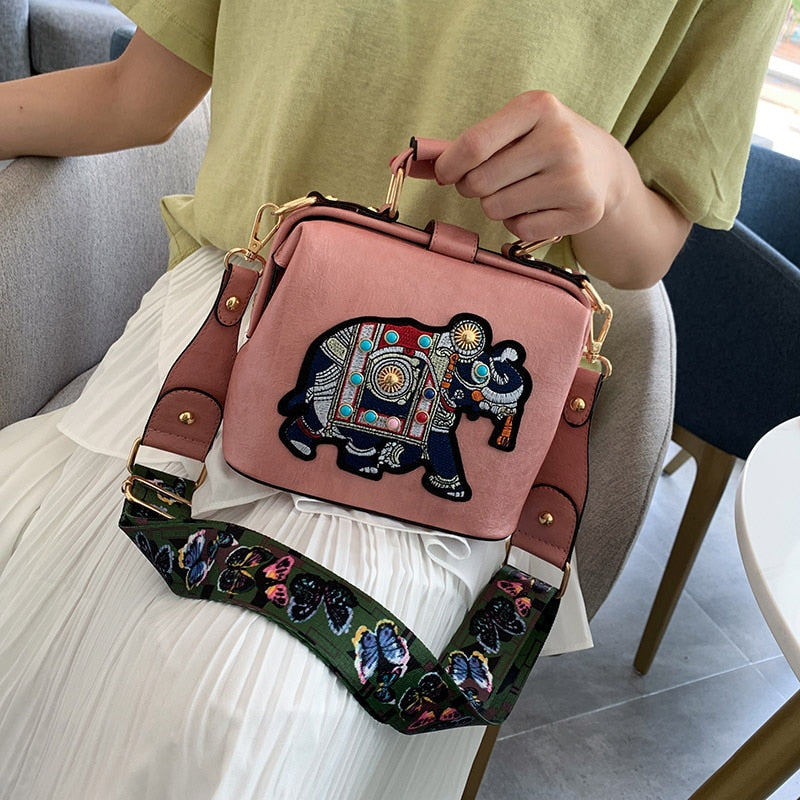 Vintage Embroidery Elephant Bag Bags Wide Butterfly Strap PU Leather Women Shoulder Crossbody Bag Tote Women's Handbags Purses ShopOnlyDeal