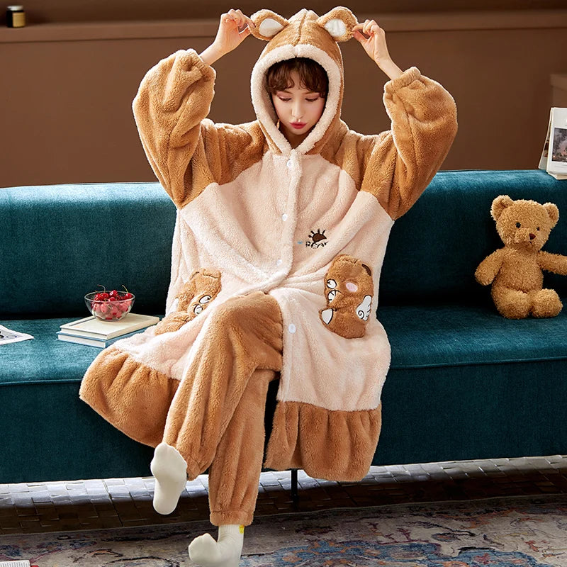 Cartoon Hooded Robes Women's Winter Nightgowns Thick Warm Bathrobe Female Coral Fleece Kimono Sleepwear Coats Dressing Gown 2XL ShopOnlyDeal