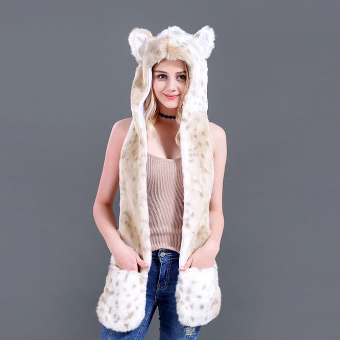 Men/Women Faux Fur Hood Animal Hat Ear Flaps Gloves 3in1 Animal Fur Hat Wolf Plush Warm Imitation Fur Hats Cap with Scarf Gloves ShopOnlyDeal